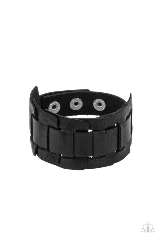 Plainly Plaited - Black Interlocking Square Leather Link Paparazzi Men's Snap Bracelet