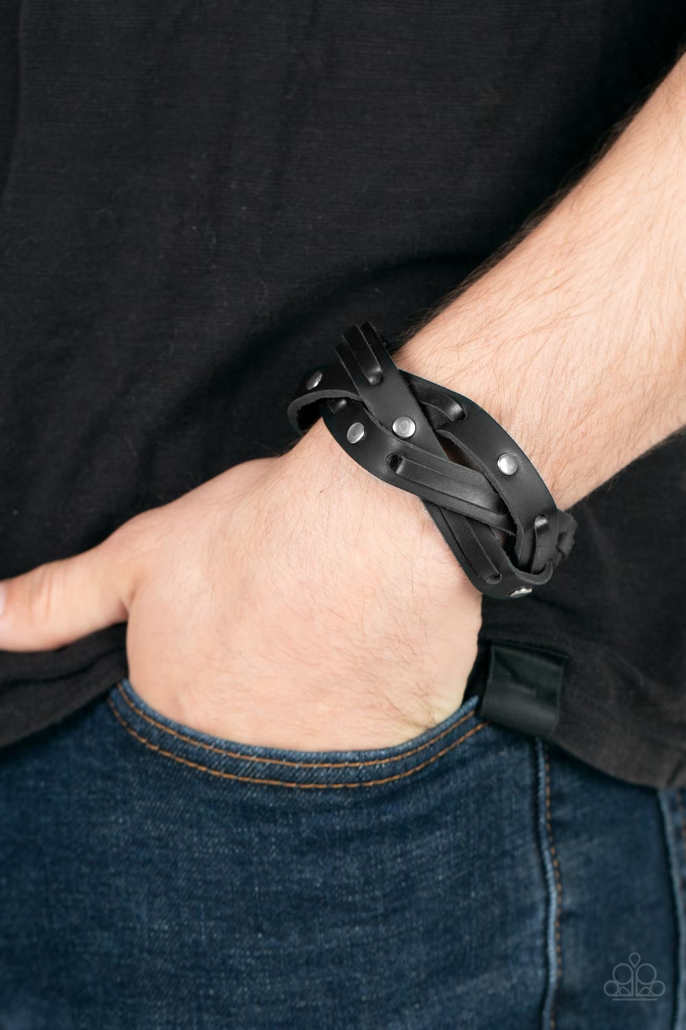 Rugged Roundup - Black Leather Laces & Silver Studded Men's Snap Bracelet