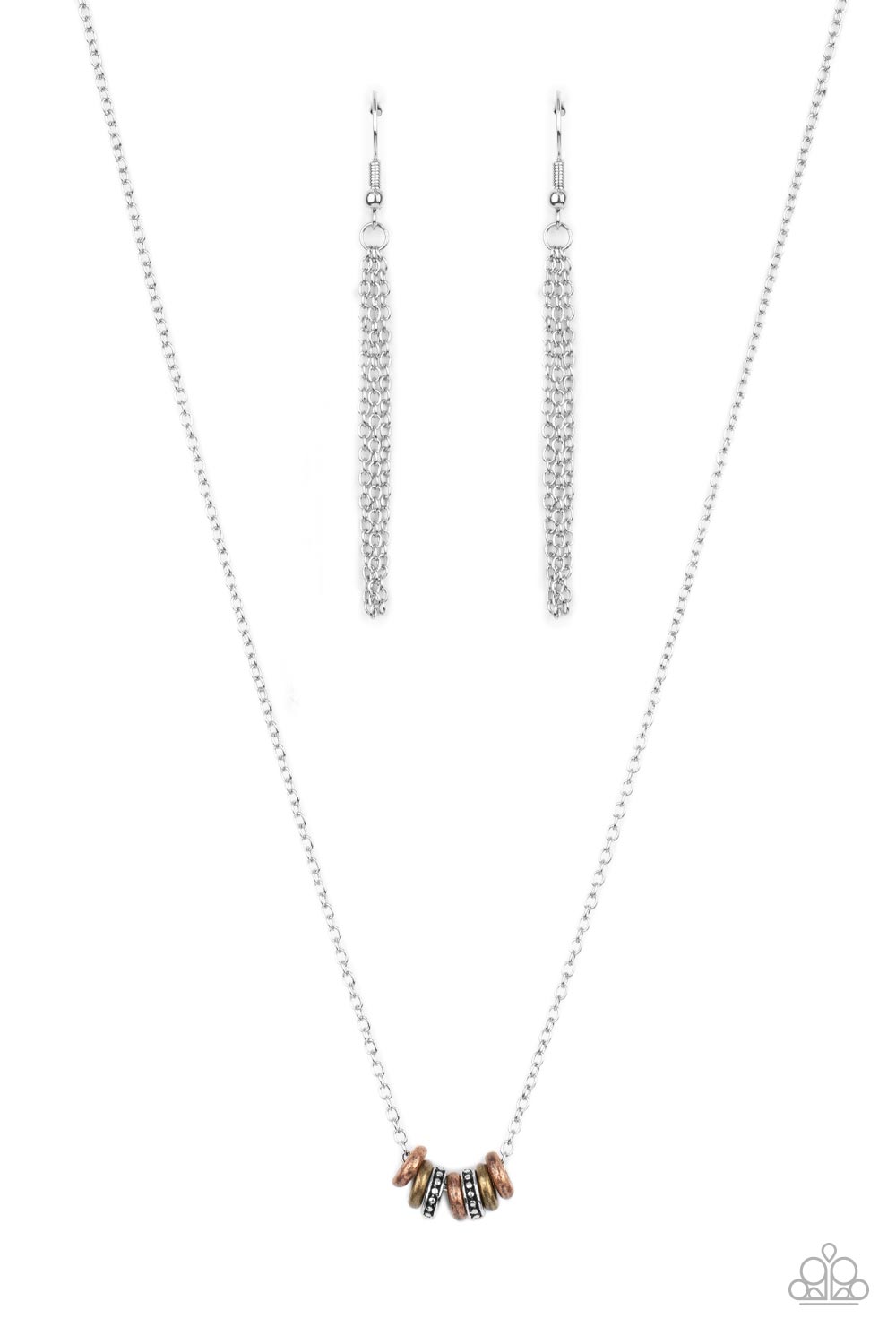 Dainty Dalliance - Multi Brass, Copper, & Silver Rings/Dainty Silver Chain Paparazzi Necklace & matching earrings