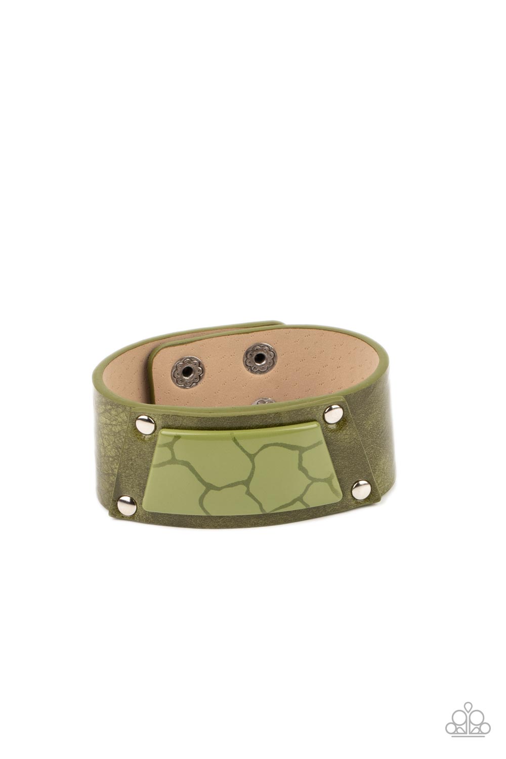 Geo Glamper - Green Faux Marble Finish Acrylic Centerpiece & Olive Branch Leather Paparazzi Snap Bracelet