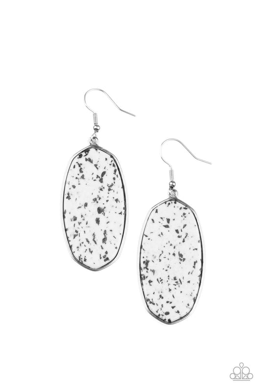 Stone Sculptures - White & Speckled Black Accents Flat Stone Paparazzi Earrings