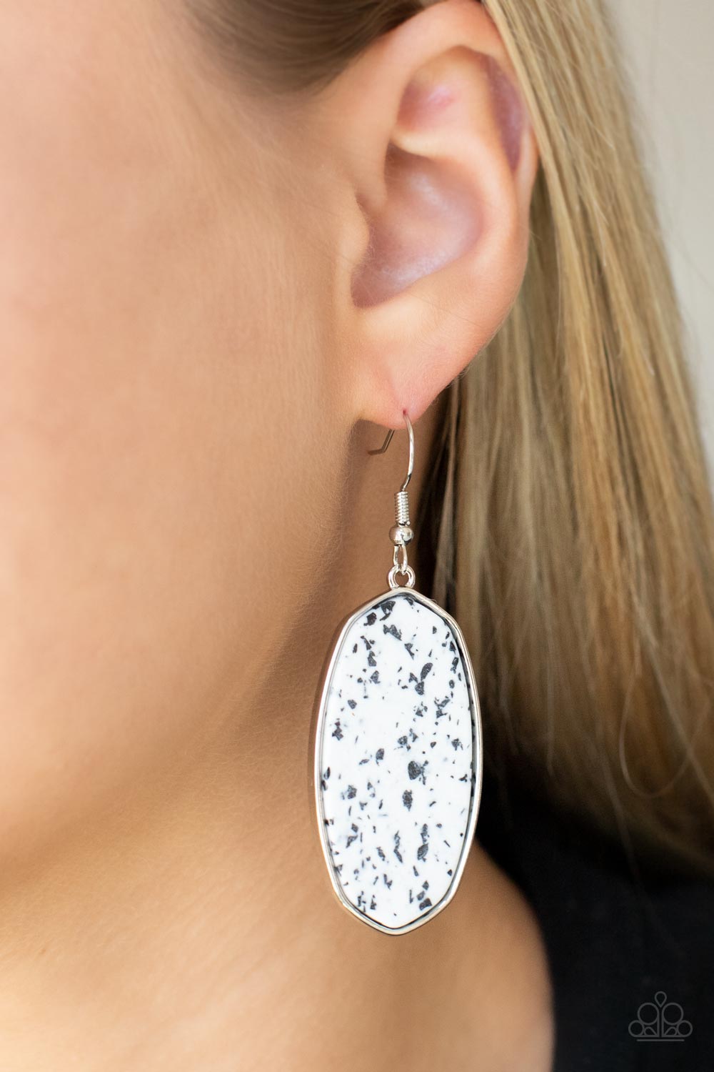 Stone Sculptures - White & Speckled Black Accents Flat Stone Paparazzi Earrings