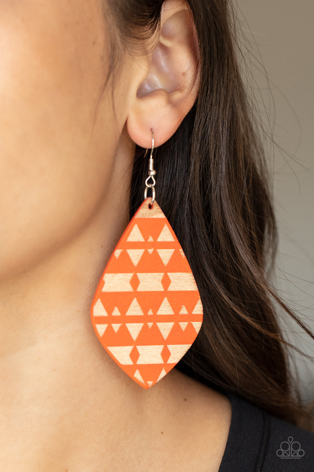 Zimbabwe Zoo - Orange Wooden Frame/Geometric Tribal Pattern Earrings