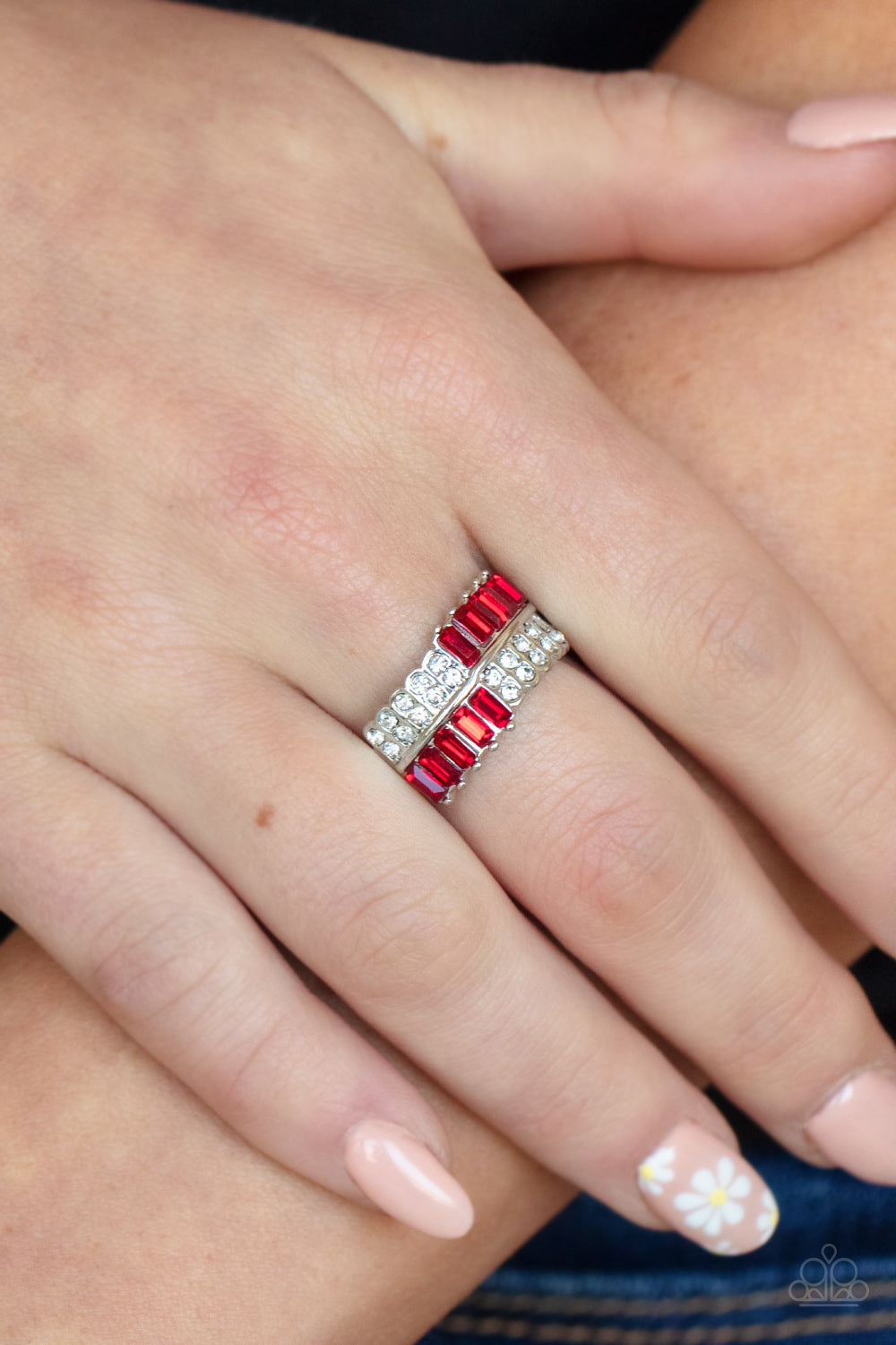 Put Them in Check - Red & White Dainty Emerald Cut Rhinestone Paparazzi Ring