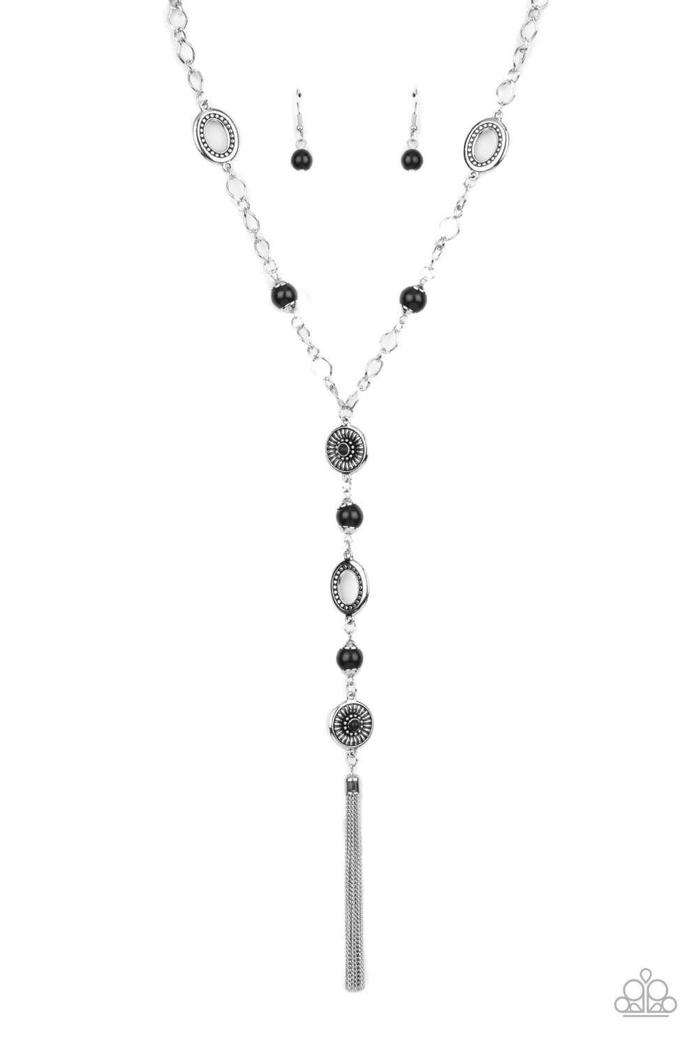 The Natural Order - Black Stones, Silver Floral Frames, & Silver Chain Tassel Paparazzi Necklace & matching earrings