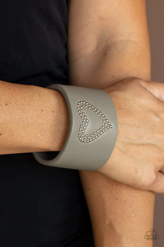 Rodeo Romance - Silver/ Ultimate Gray Leather & Studded Silver Heart Pattern Paparazzi Cuff Bracelet