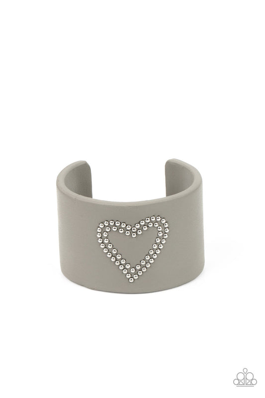 Rodeo Romance - Silver/ Ultimate Gray Leather & Studded Silver Heart Pattern Paparazzi Cuff Bracelet