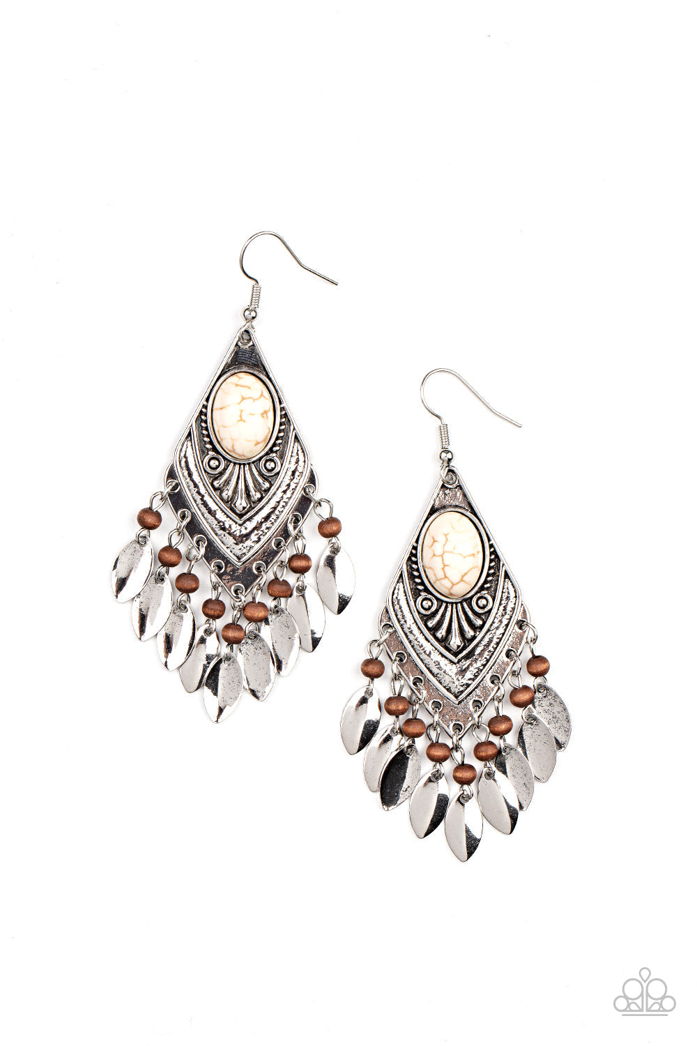 Earthy Etiquette - White Stones, Wooden Beads & Silver Ornate Frame Paparazzi Earrings