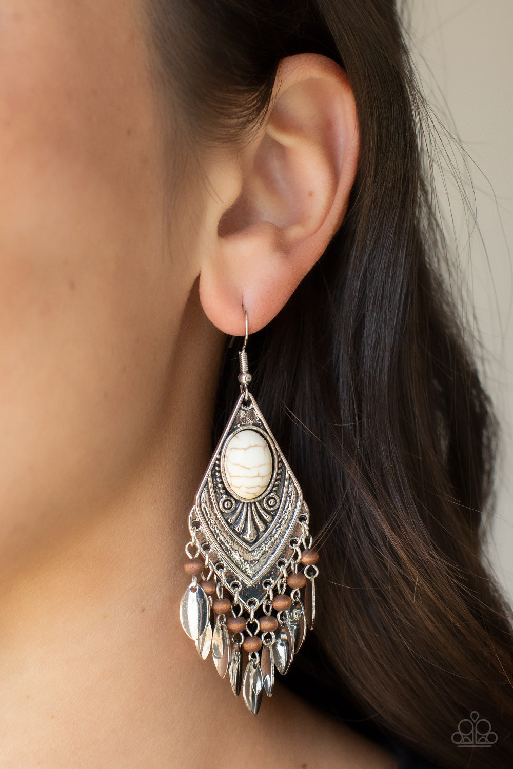 Earthy Etiquette - White Stones, Wooden Beads & Silver Ornate Frame Paparazzi Earrings