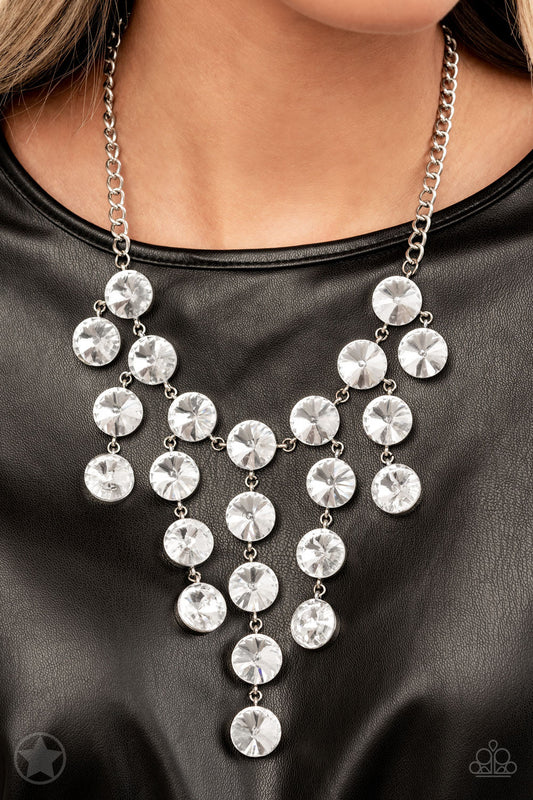 Spotlight Stunner - White Oversized Rhinestone Tassel Paparazzi Necklace & matching earrings