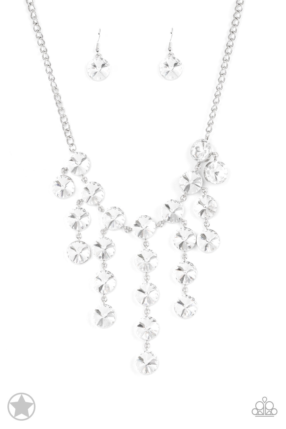 Spotlight Stunner - White Oversized Rhinestone Tassel Paparazzi Necklace & matching earrings
