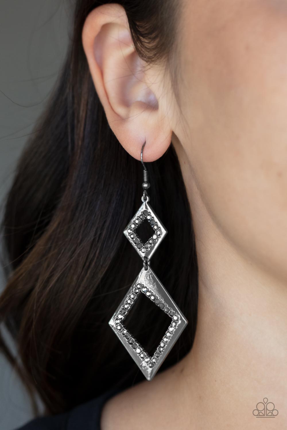 Deco Decoupage - Gunmetal Asymmetrical Dimond Shaped Frames/Hematite Rhinestone Earrings