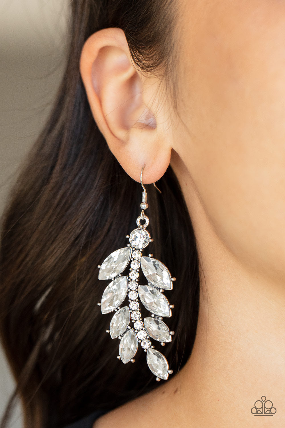 Ice Garden Gala - White Marquise Cut Rhinestone Leaf Shaped Paparazzi Earrings