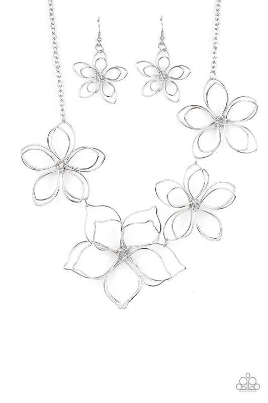 Flower Garden Fashionista - Silver Oversized Blossom Paparazzi Necklace & matching earrings