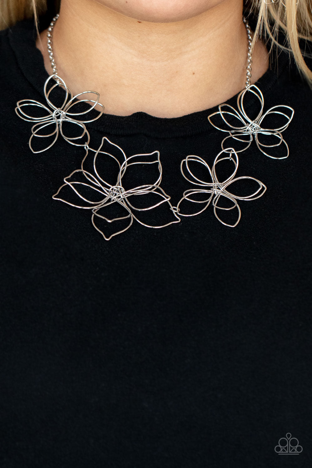 Flower Garden Fashionista - Silver Oversized Blossom Paparazzi Necklace & matching earrings