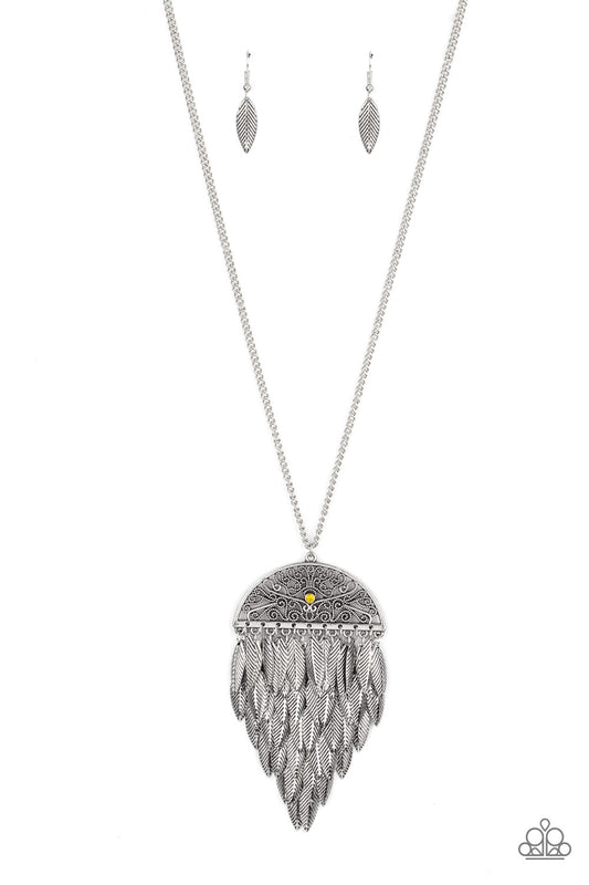 Canopy Cruise - Yellow Dainty Rhinestone & Leafy Silver Frame Pendant Paparazzi Necklace & matching earrings