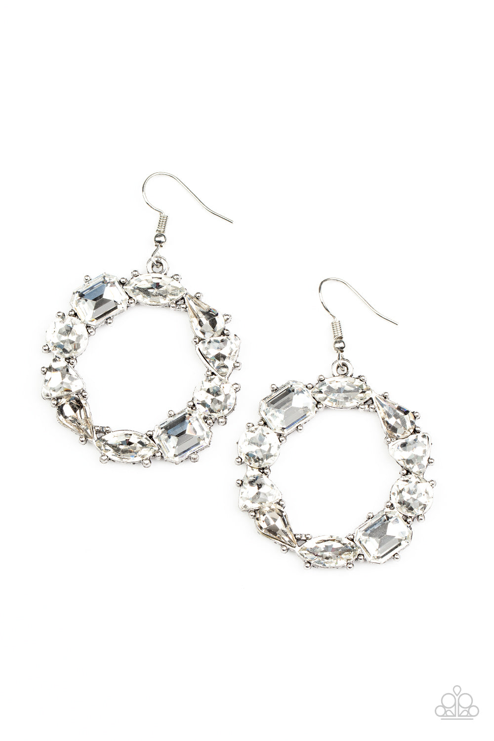 GLOWING in Circles - White Round, Triangular, Teardrop Marquise & Emerald Cut Rhinestone Earrings
