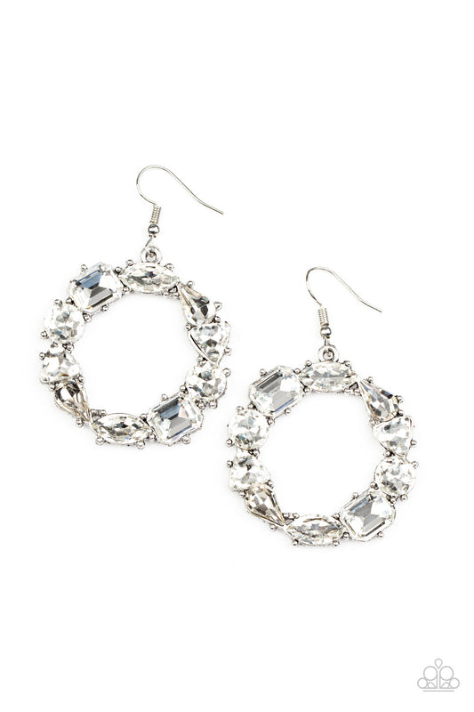 GLOWING in Circles - White Round, Triangular, Teardrop Marquise & Emerald Cut Rhinestone Earrings