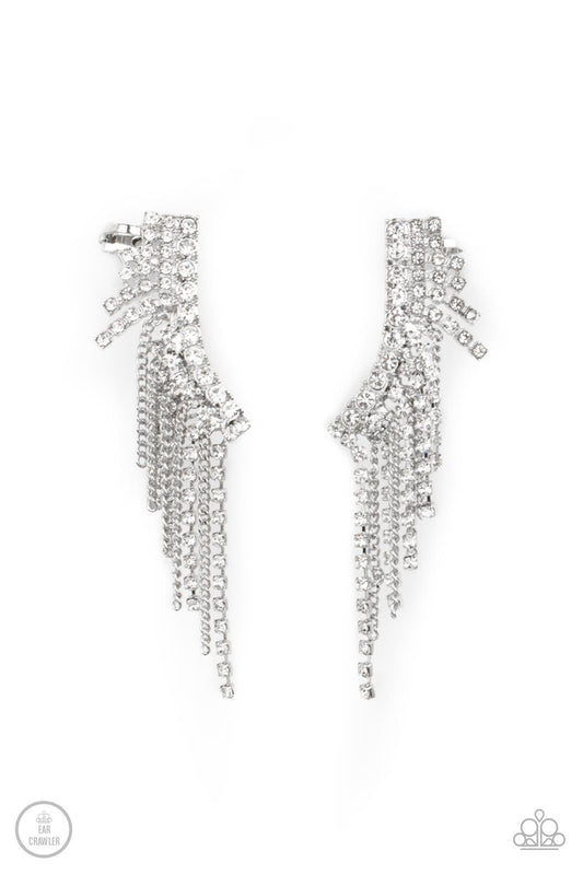 Thunderstruck Sparkle - White Rhinestone & Dainty Silver Chain Fringe Paparazzi Ear Crawler Earrings