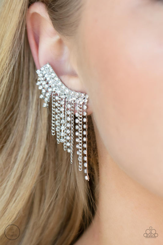 Thunderstruck Sparkle - White Rhinestone & Dainty Silver Chain Fringe Paparazzi Ear Crawler Earrings
