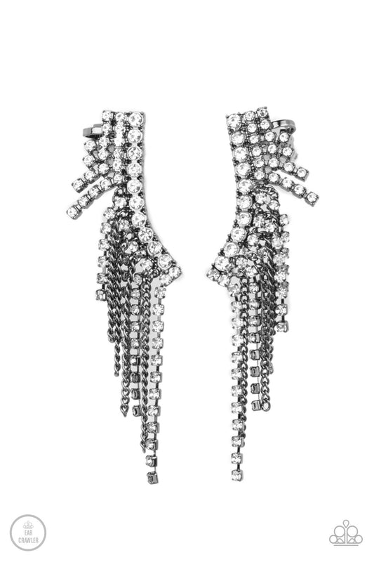 Thunderstruck Sparkle - Gunmetal Dainty Chain & White Rhinestone Fringe Paparazzi Ear Crawler Earrings