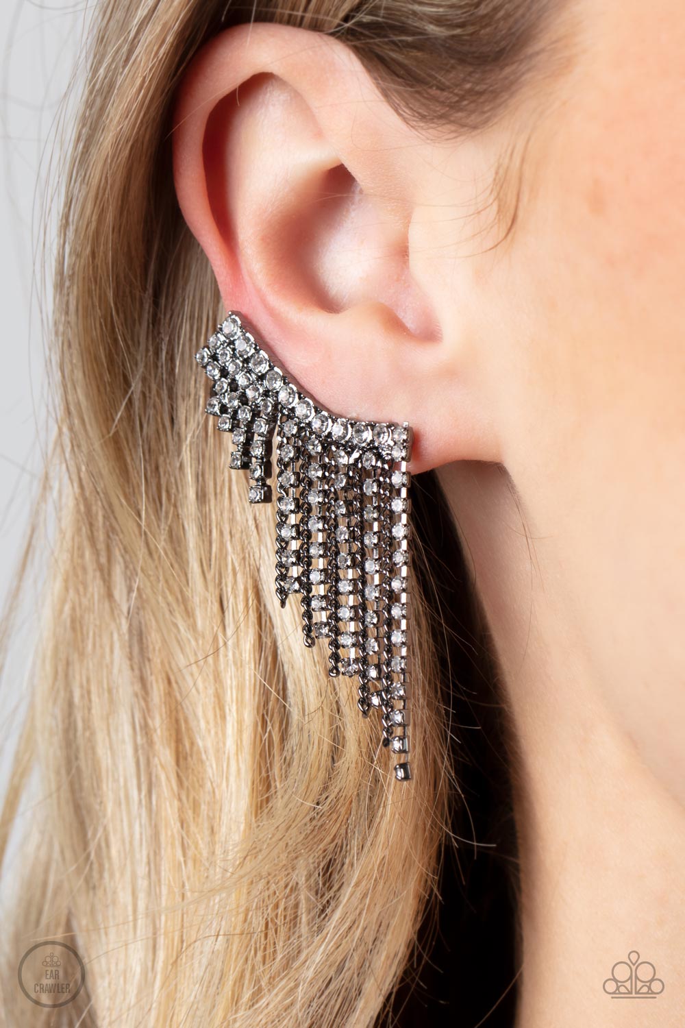 Thunderstruck Sparkle - Gunmetal Dainty Chain & White Rhinestone Fringe Paparazzi Ear Crawler Earrings