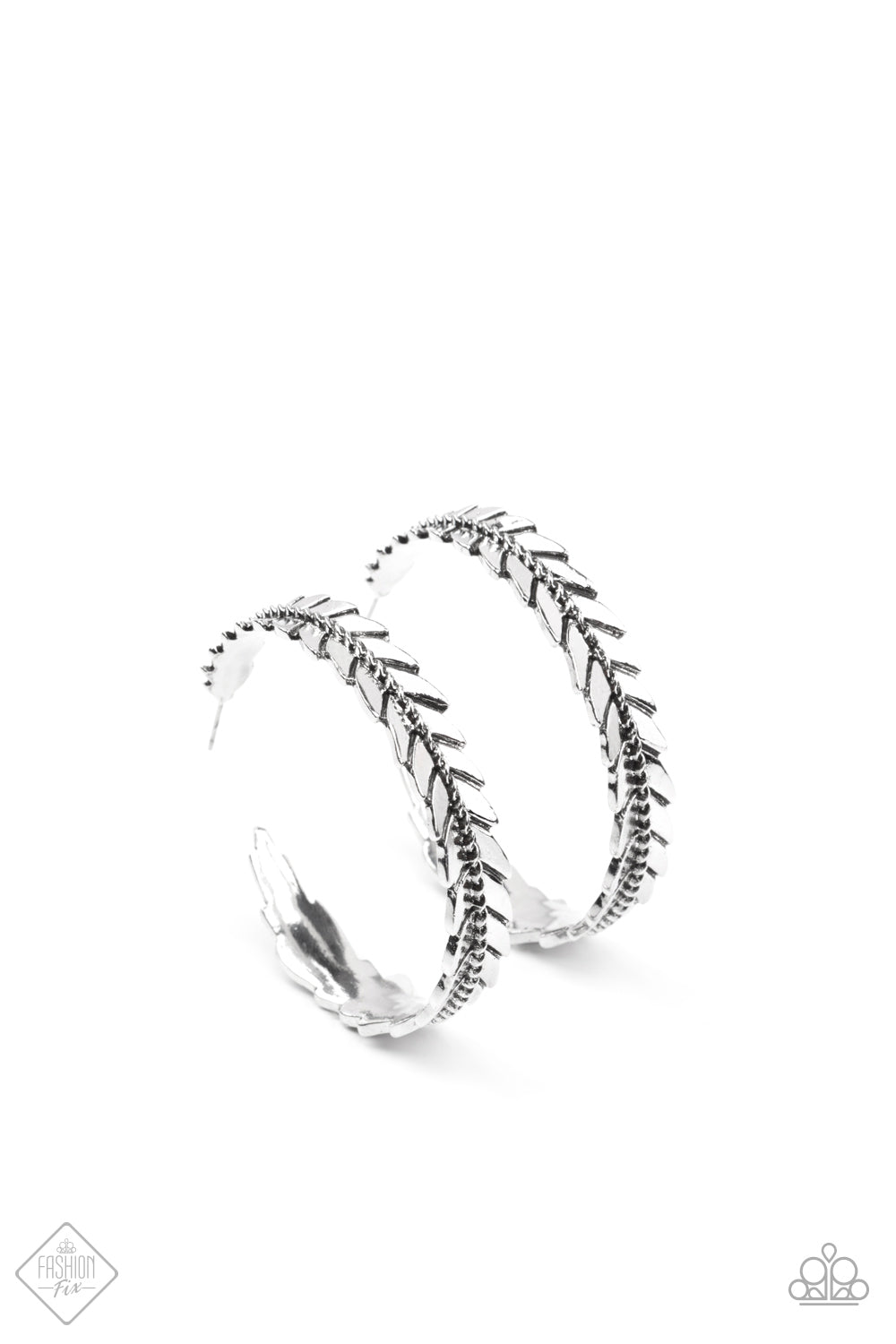 Flew The Nest - Silver Elongated Feather Rustic Paparazzi Hoop Earrings