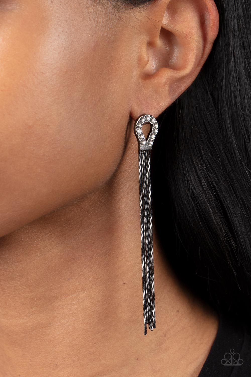 Dallas Debutante - Gunmetal Snake chains & White Rhinestone Horseshoe Paparazzi Earrings