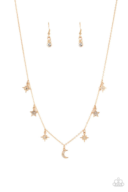 Cosmic Runway - Gold/Dainty Rhinestone Moon & Star Charm Paparazzi Necklace & matching earrings