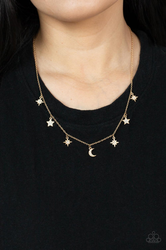 Cosmic Runway - Gold/Dainty Rhinestone Moon & Star Charm Paparazzi Necklace & matching earrings