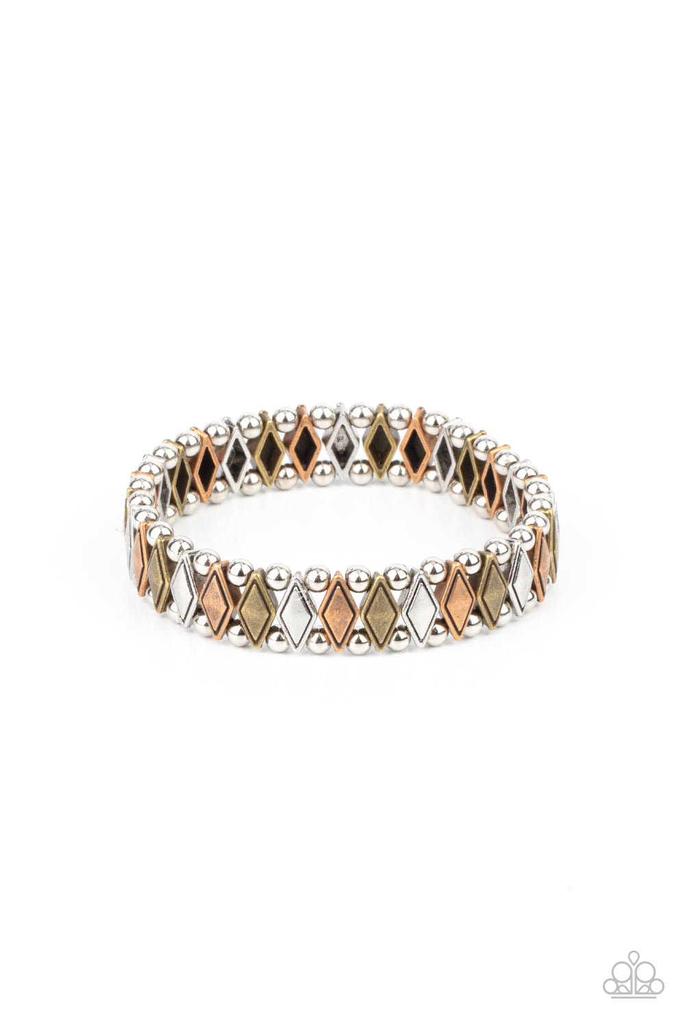 Abstract Advisory - Multi Brass & Silver Diamond Shaped Beaded Paparazzi Stretch Bracelet