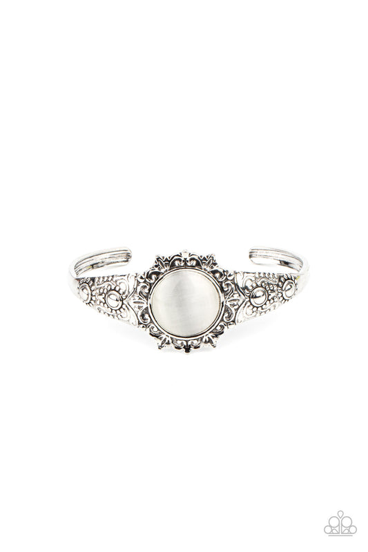 Extravagantly Enchanting - White Cat's Eye Stone/Silver Flowery Detail Paparazzi Cuff Bracelet