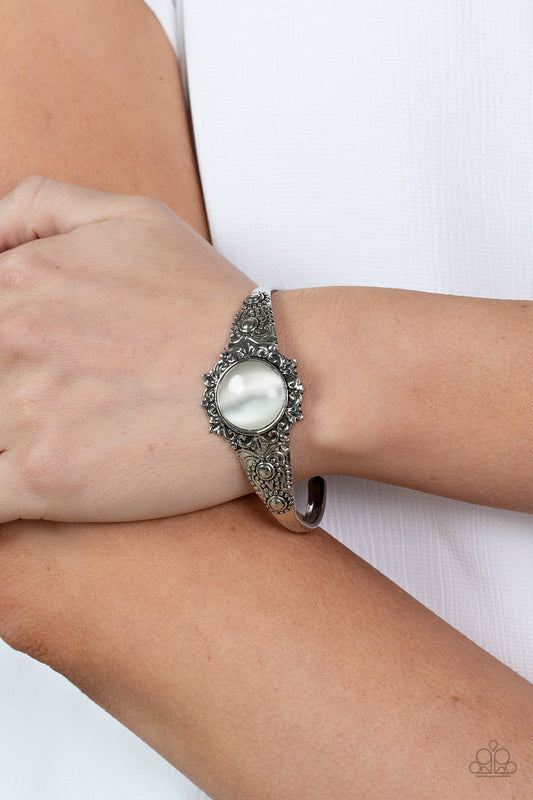Extravagantly Enchanting - White Cat's Eye Stone/Silver Flowery Detail Paparazzi Cuff Bracelet