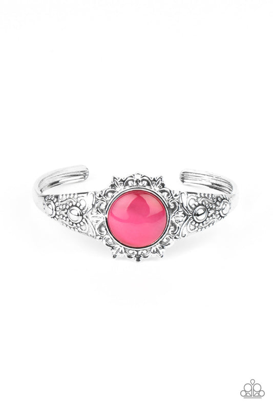 Extravagantly Enchanting - Pink Cat's Eye Stone/Flower Detail Cuff Paparazzi Bracelet