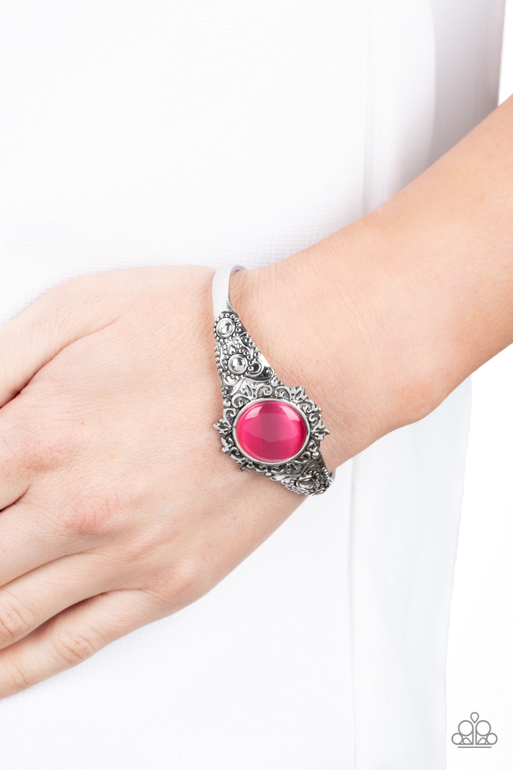 Extravagantly Enchanting - Pink Cat's Eye Stone/Flower Detail Cuff Paparazzi Bracelet