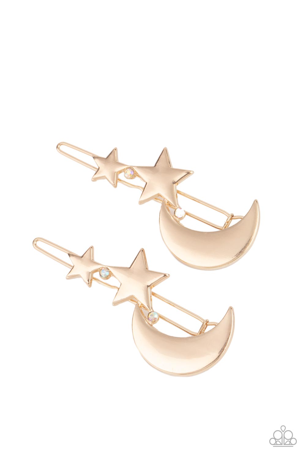 At First TWILIGHT - Gold Moon & Stars with Iridescent Rhinestones Paparazzi Hair Clip