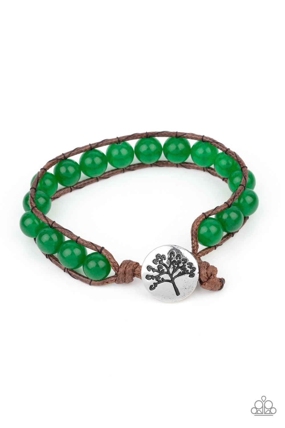 Seasonal Bounty - Green Beads & Tree Pattern Stamped Disc Paparazzi Urban Bracelet