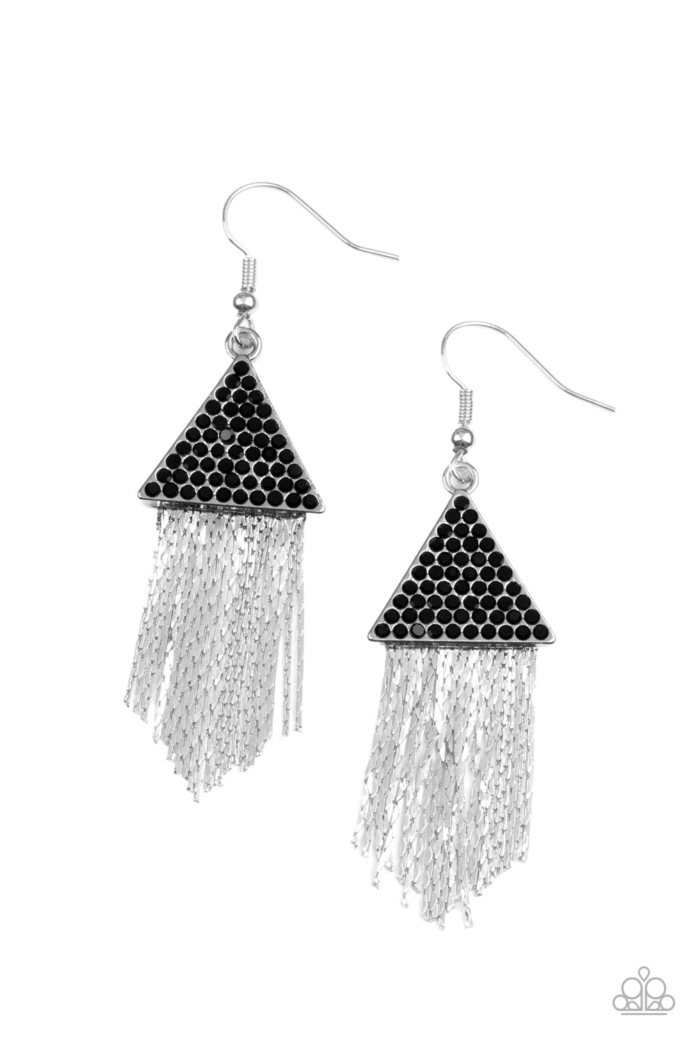 Pyramid SHEEN - Gunmetal Chain Fringe & Dainty Black Rhinestone Paparazzi Earrings