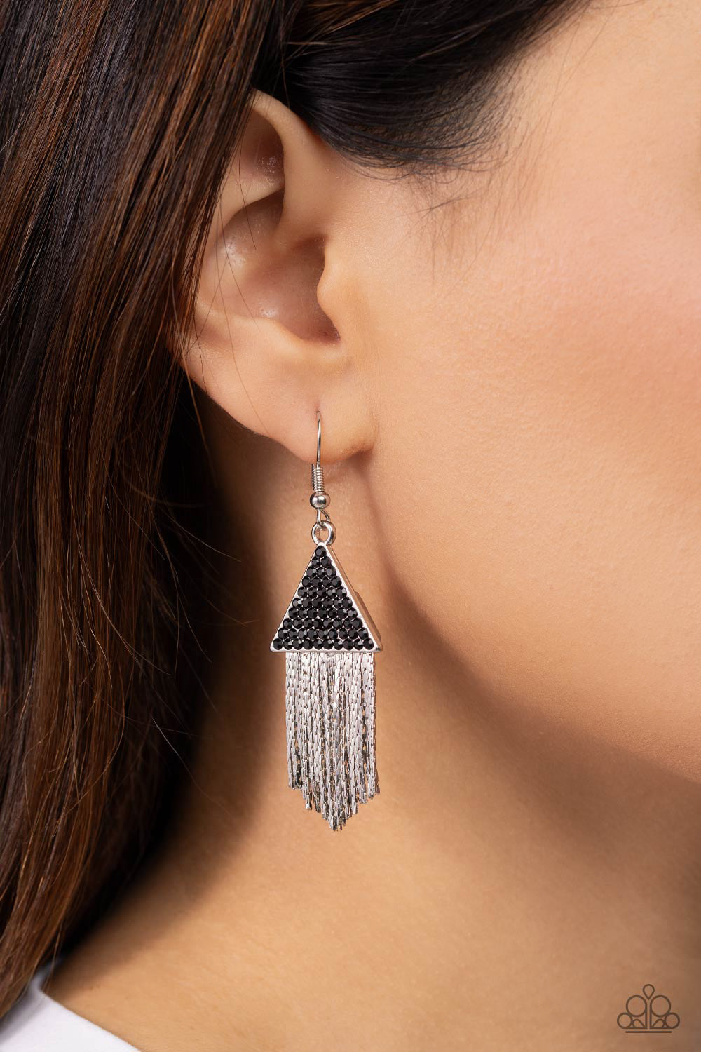 Pyramid SHEEN - Gunmetal Chain Fringe & Dainty Black Rhinestone Paparazzi Earrings