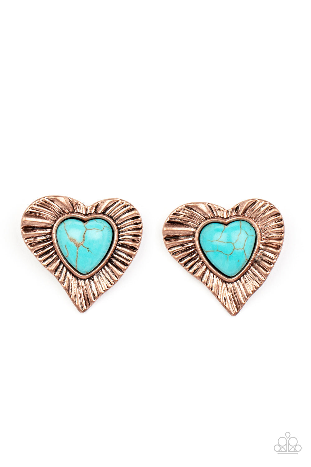 Rustic Romance - Copper Antiqued Heart & Turquoise Stone Center Paparazzi Earrings