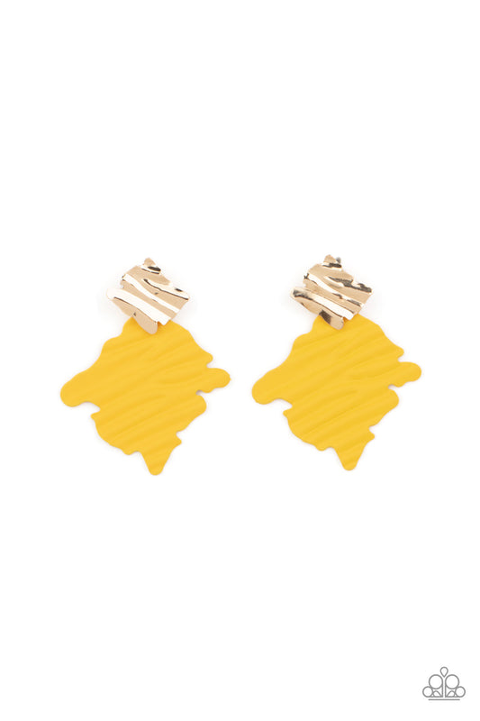 Crimped Couture - Yellow Rustic Finish Crimped Texture Paparazzi Post Earrings
