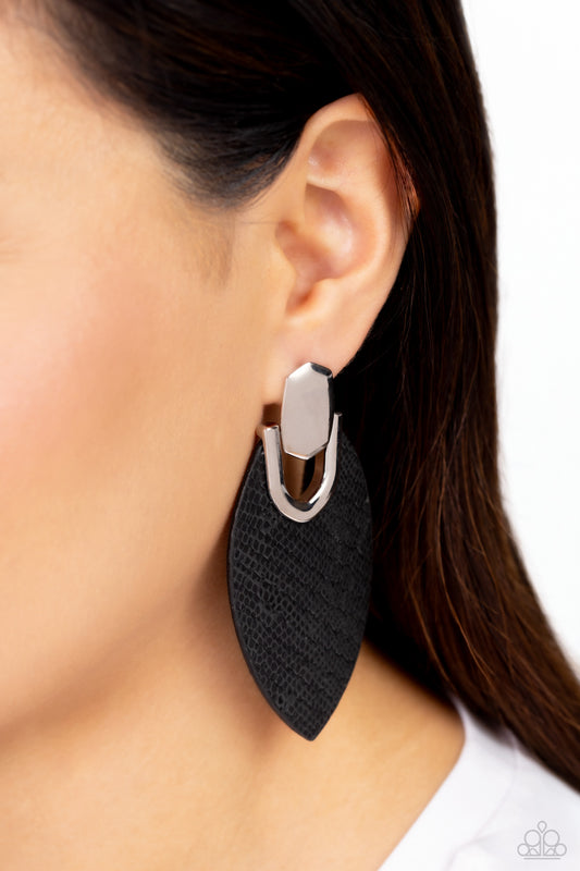 Wildly Workable - Black Python-Like Textured Leather/Silver Fitting Paparazzi Earrings