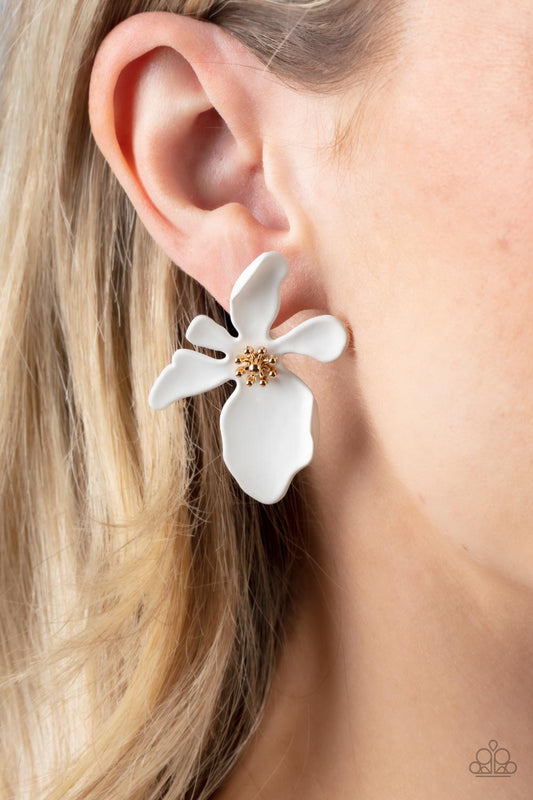 Hawaiian Heiress - White Asymmetrical Abstract Flower Paparazzi Post Earrings