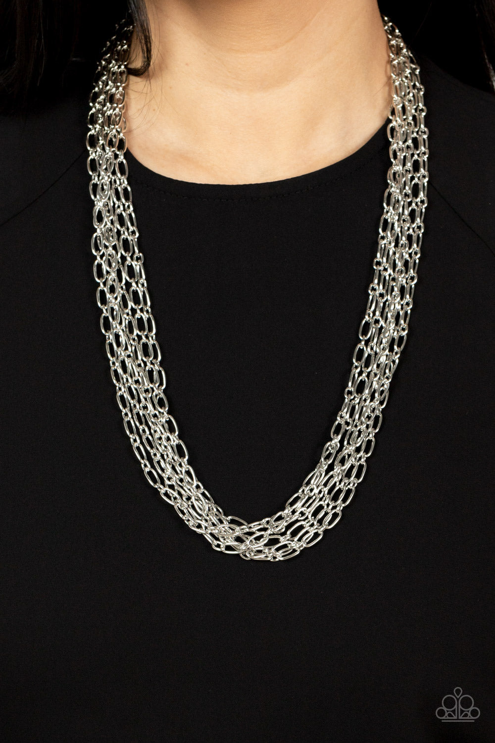 Dynamite Dynamo - Silver Edgy Layered Chain Paparazzi Necklace & matching earrings