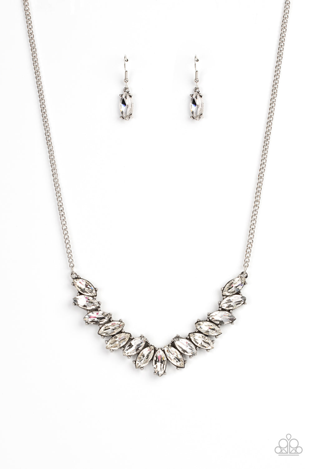 Galaxy Game-Changer - White Marquise-Cut Rhinestone Collar Paparazzi Necklace & matching earrings