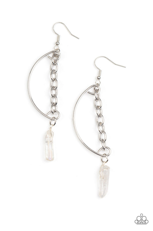Yin to My Yang - White Iridescent Finish Crystal-Like Bead & Silver Chain Paparazzi Earrings