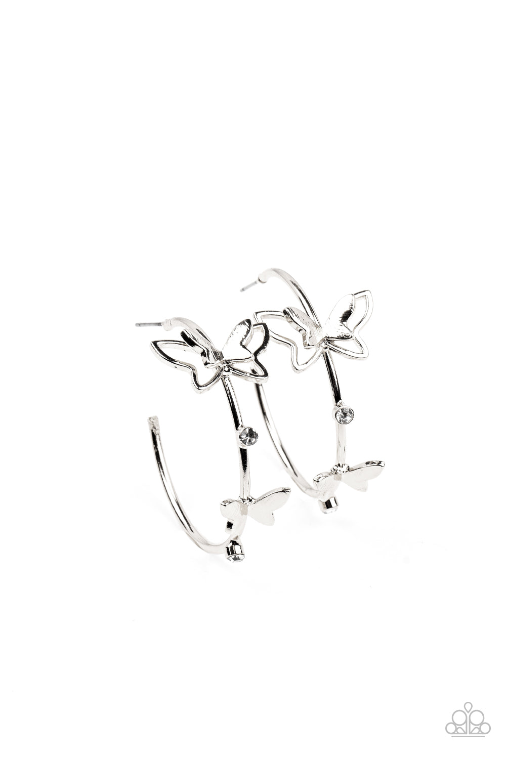 Full Out Flutter - White Rhinestone & Silver Butterfly Paparazzi Hoop Earrings