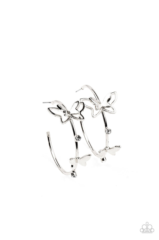 Full Out Flutter - White Rhinestone & Silver Butterfly Paparazzi Hoop Earrings