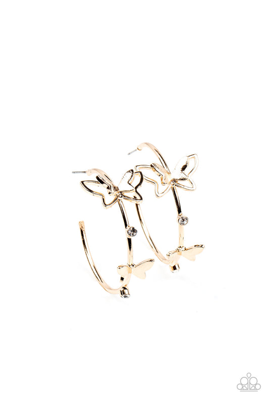 Full Out Flutter - Gold Dainty Butterfly Paparazzi Hoop Earrings