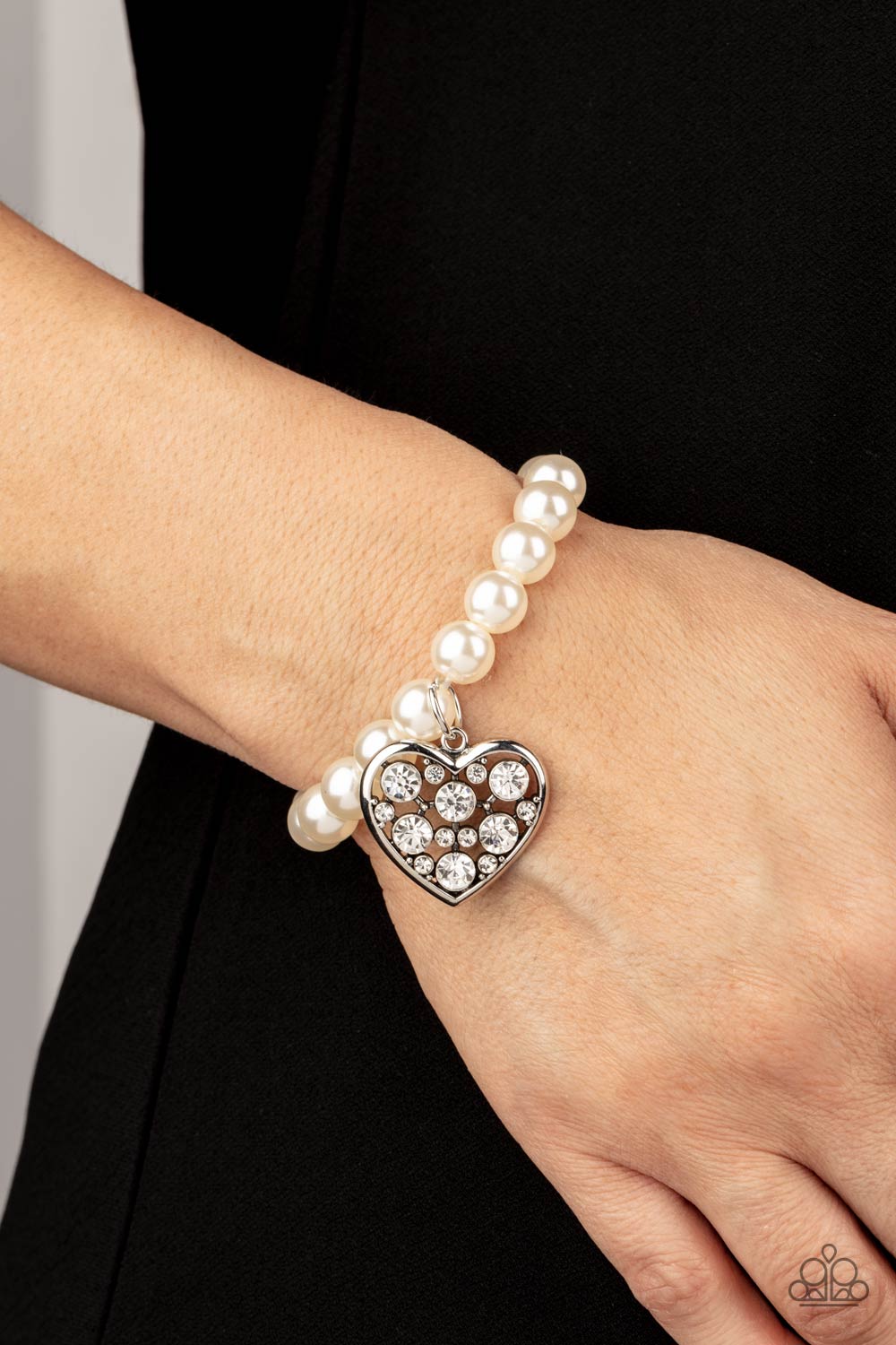 Cutely Crushing - White Oversized Pearls & Rhinestone Encrusted Heart Charm Paparazzi Stretch Bracelet
